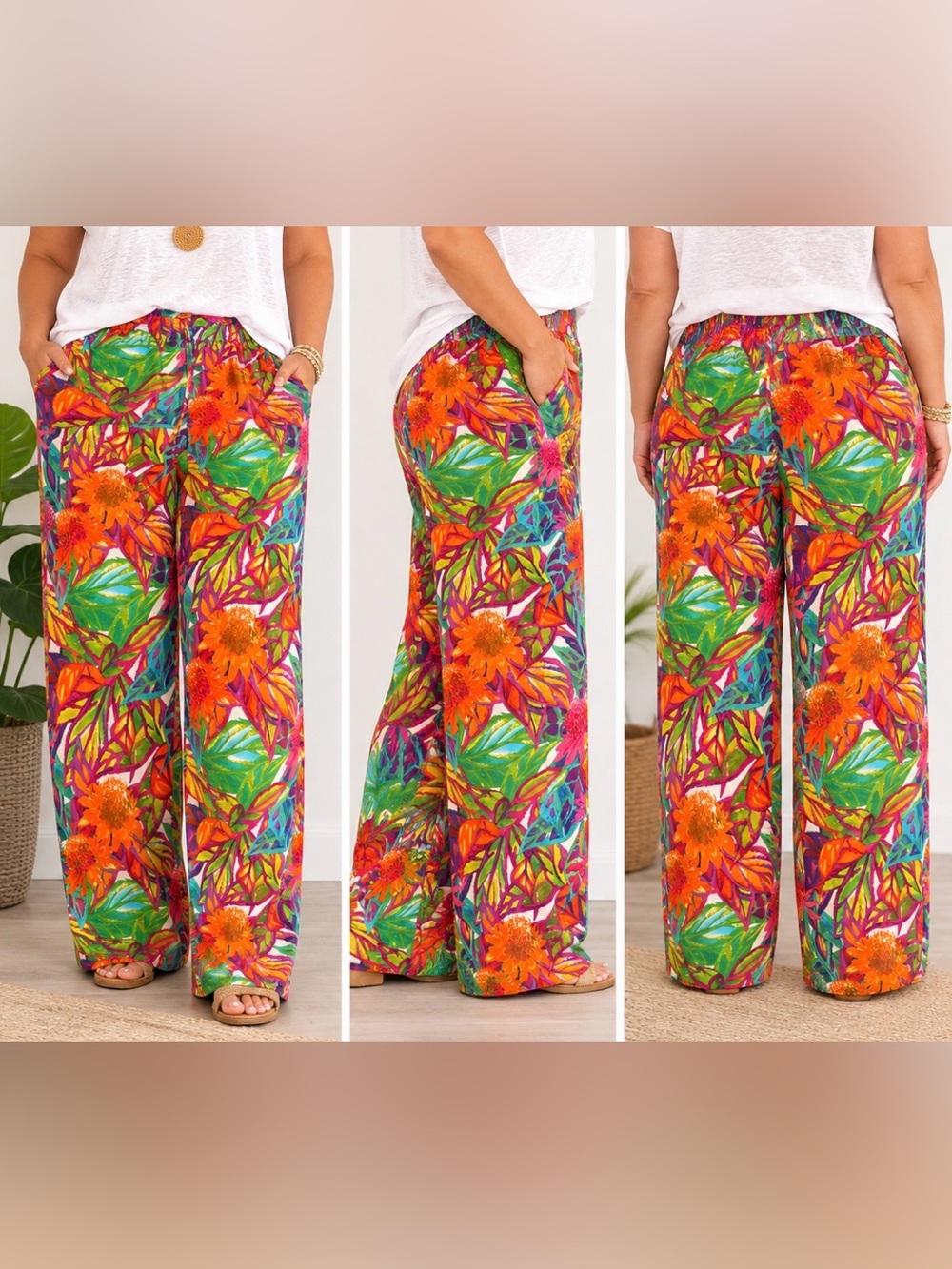 LAUREN Ralph Lauren Women 3X Wide Leg Palazzo Pants Tropical Floral Print